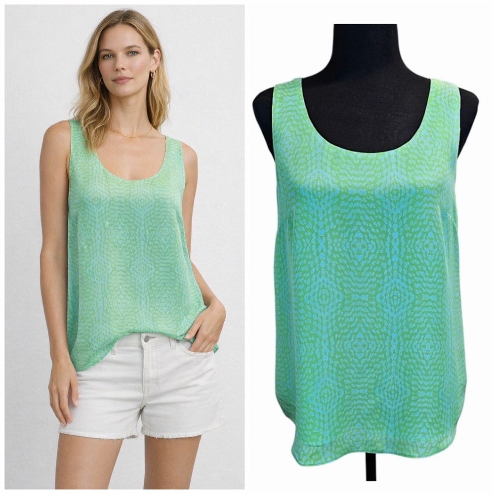 Ellie Kai Womens 100% Silk Sleeveless Tank Blouse Sz 6 Kelly Green Abstract Chic